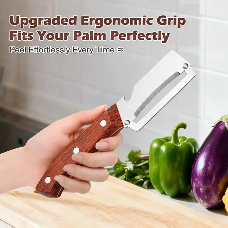 Wooden-Handled Stainless Steel Peeler with Built-In Bottle Opener