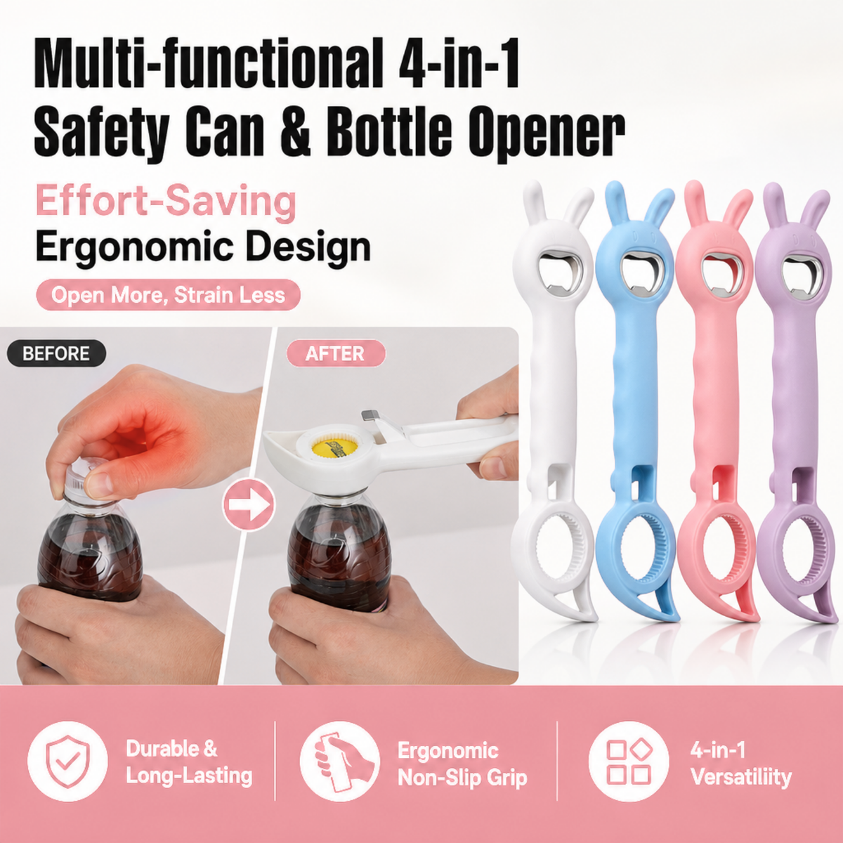 Multi-functional 4-in-1 Safety Can & Bottle Opener