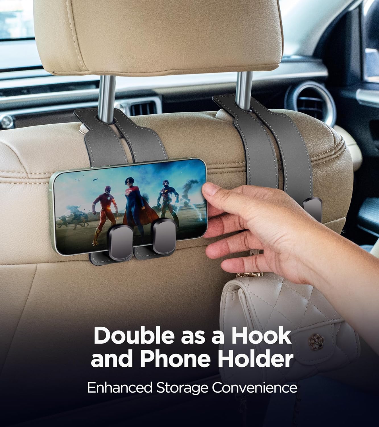 2-in-1 Premium Leather Car Headrest Hanger with Metal Hooks (1 Pair) pro