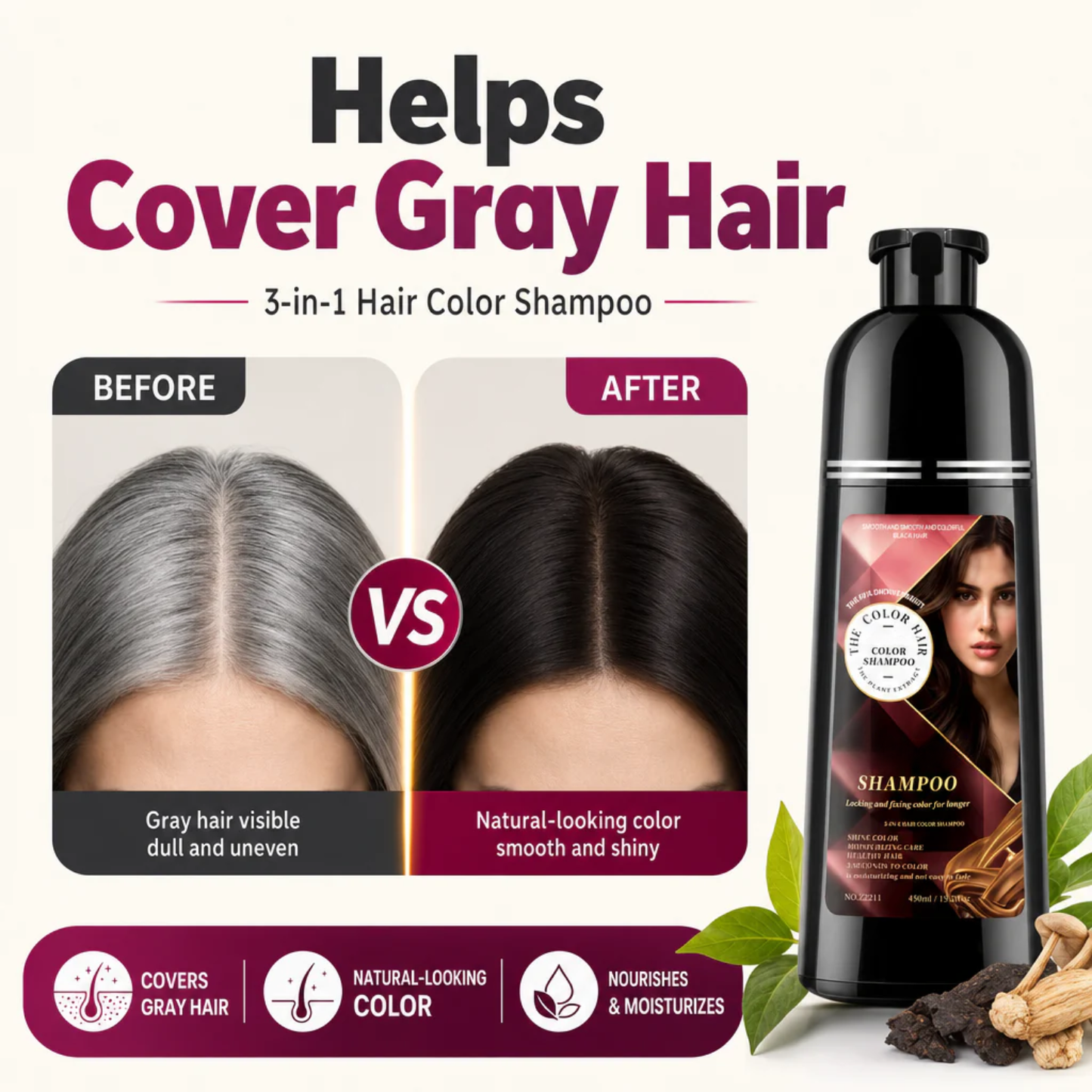 Hair Color Shampoo – 3-in-1 Quick Hair Dye with Plant Extracts