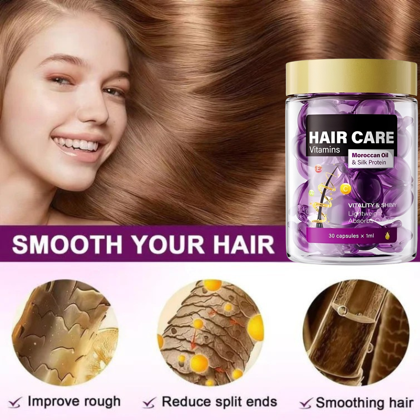 Hair Vitamin Oil Capsules – Moroccan Oil, Jojoba, Keratin, Vitamins A C E | 40 Capsules, Repairs Dry Frizzy Damaged Hair