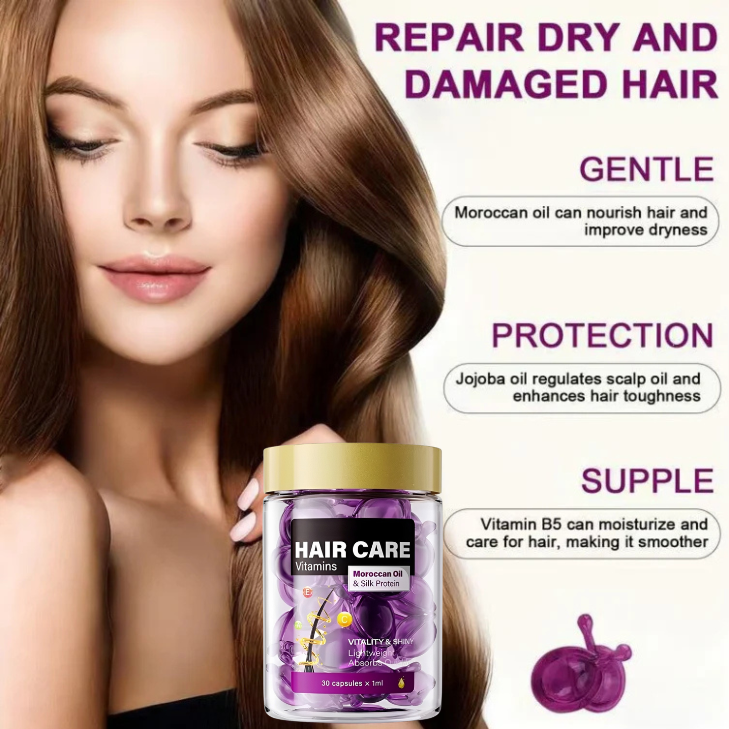 Hair Vitamin Oil Capsules – Moroccan Oil, Jojoba, Keratin, Vitamins A C E | 40 Capsules, Repairs Dry Frizzy Damaged Hair