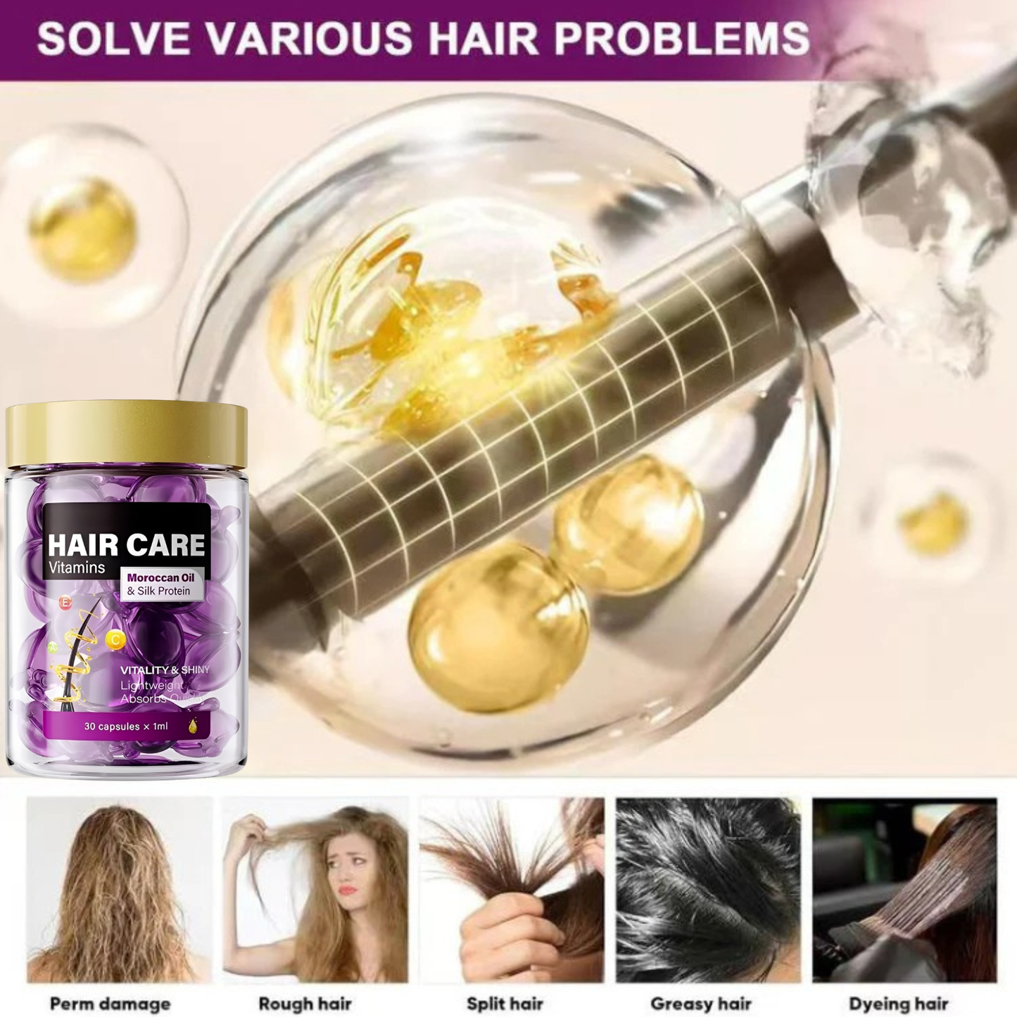 Hair Vitamin Oil Capsules – Moroccan Oil, Jojoba, Keratin, Vitamins A C E | 40 Capsules, Repairs Dry Frizzy Damaged Hair