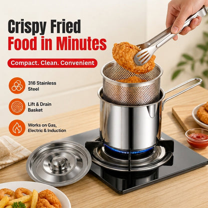 Compact Stainless Steel Deep Fryer Pot Set with Basket & Tongs
