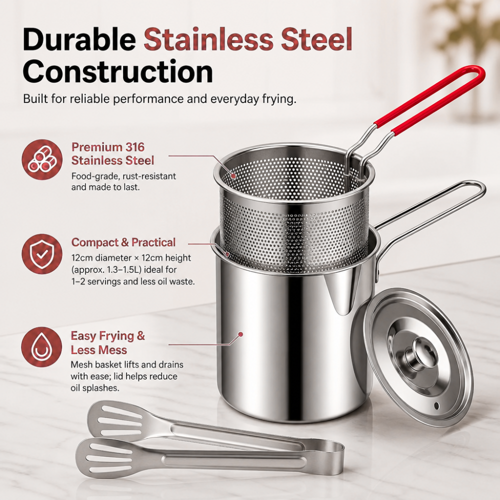 Compact Stainless Steel Deep Fryer Pot Set with Basket & Tongs