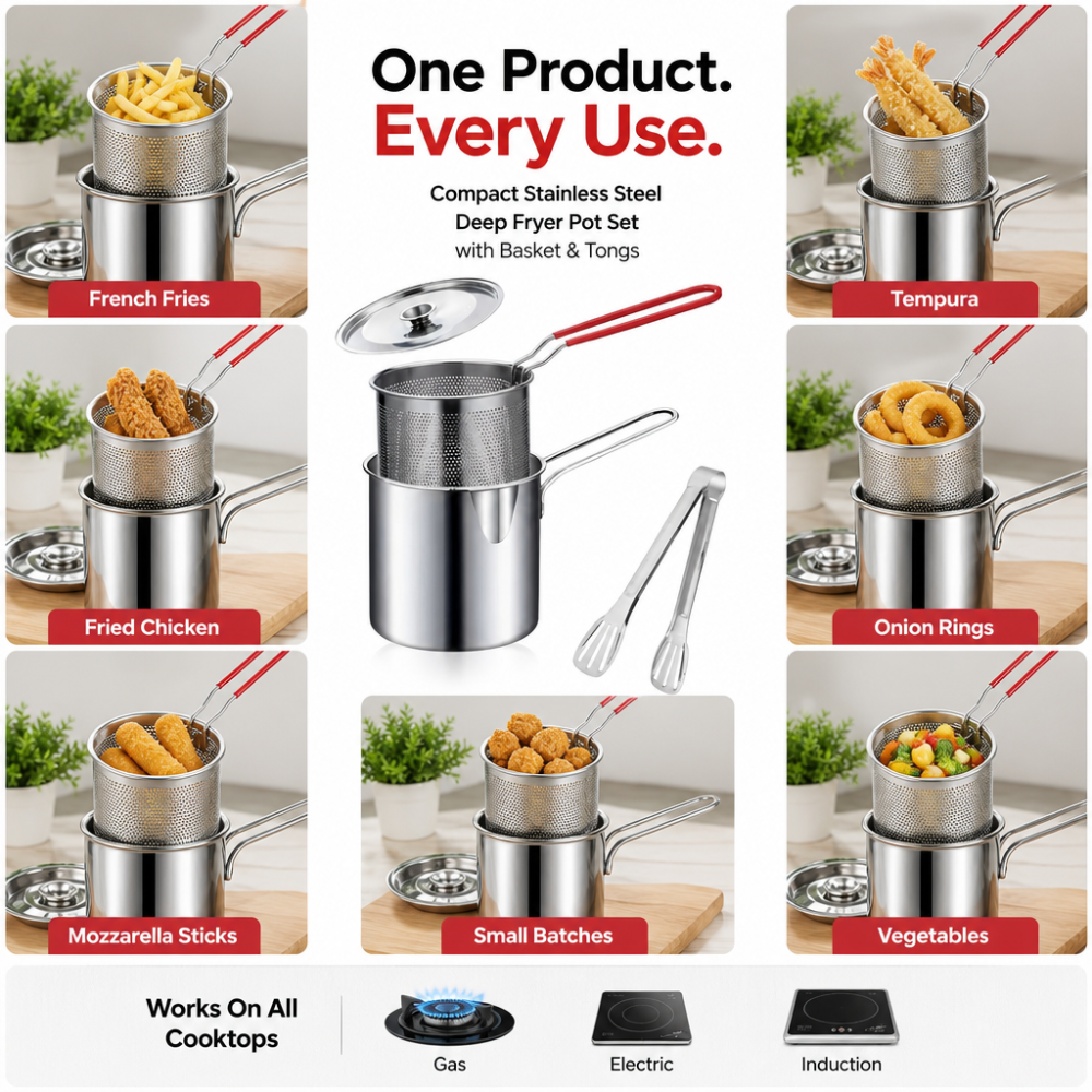 Compact Stainless Steel Deep Fryer Pot Set with Basket & Tongs