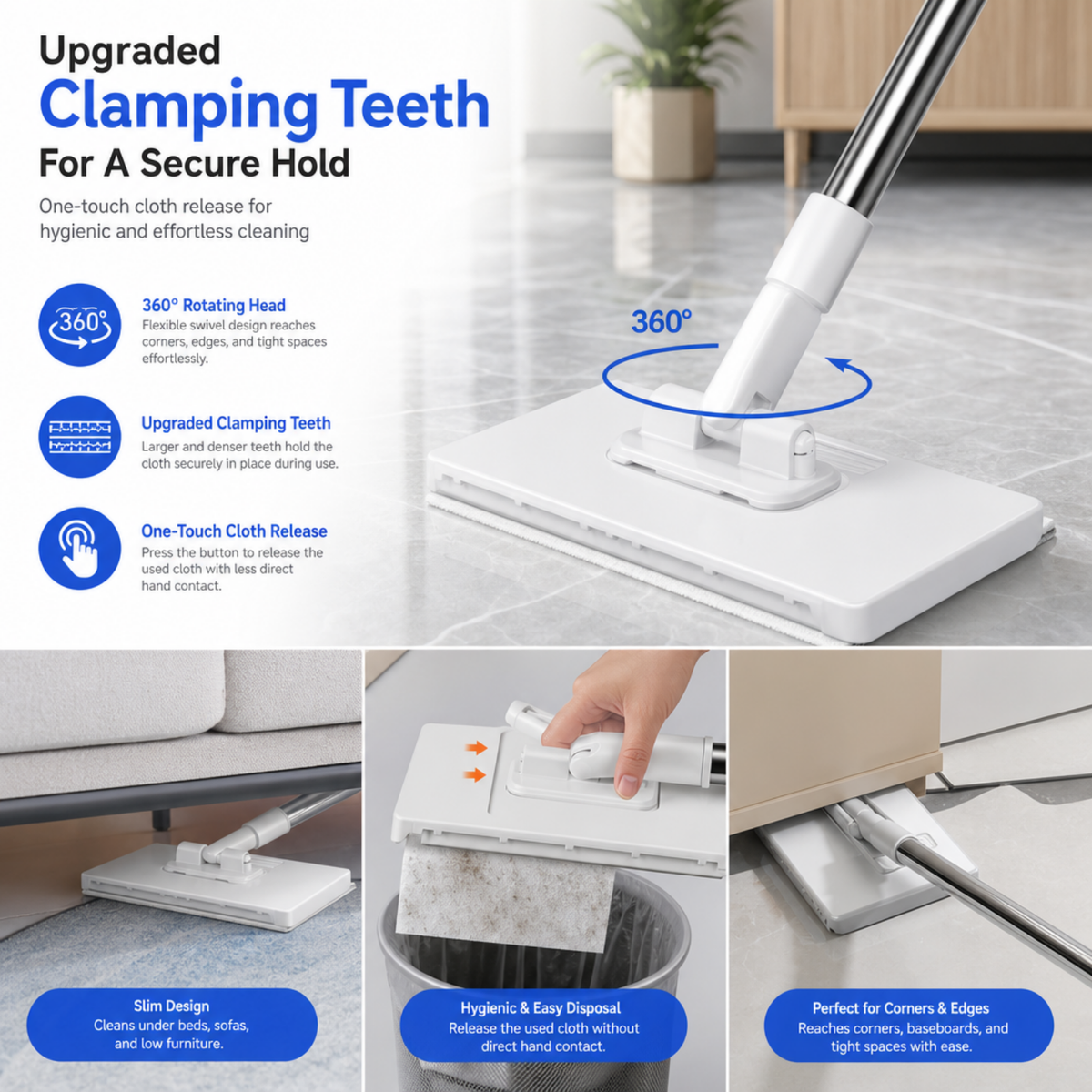 360° Rotating Flat Mop with One-Touch Cloth Release