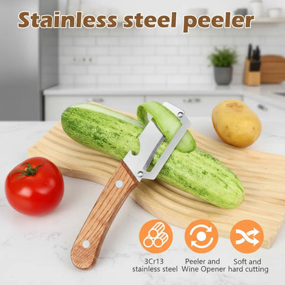 Wooden-Handled Stainless Steel Peeler with Built-In Bottle Opener