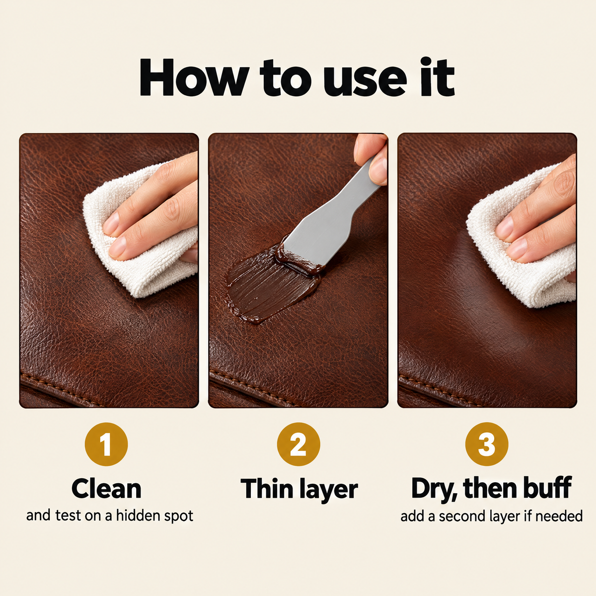 How to use: clean, thin layer, dry and buff