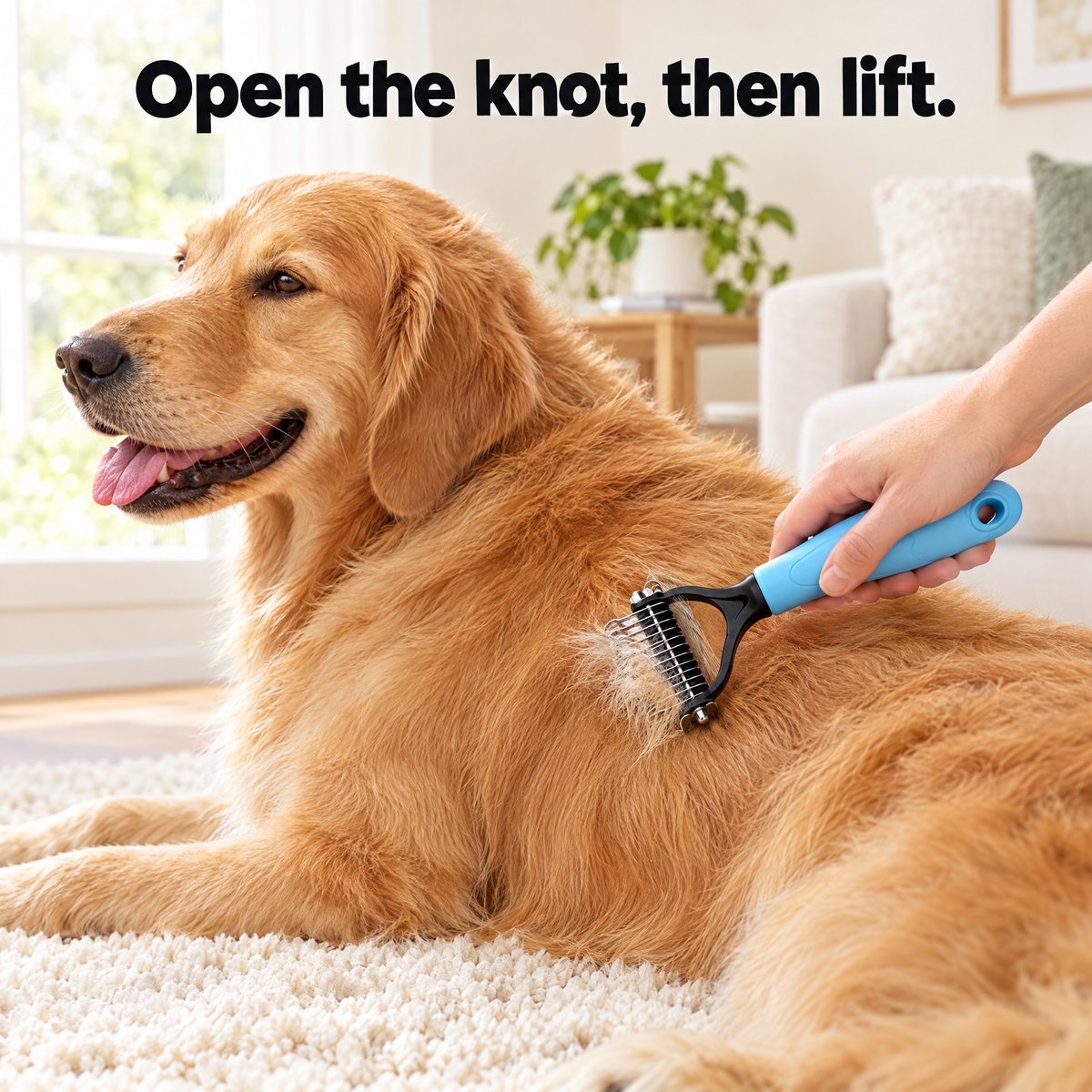 Combing a golden retriever with the Flip Comb